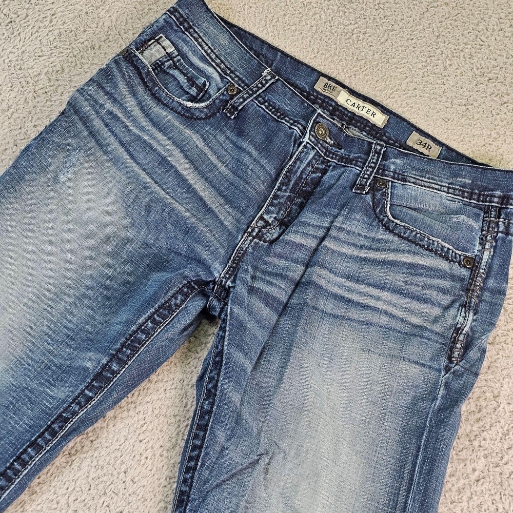 BKE Carter Jeans Mens 34x32 Blue Medium Wash Relaxed Bootcut Denim Embroidered